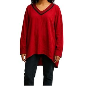JW Style Oversized V Neck Red Black Trim Size Medium Women's Long Sleeve‎ Blouse